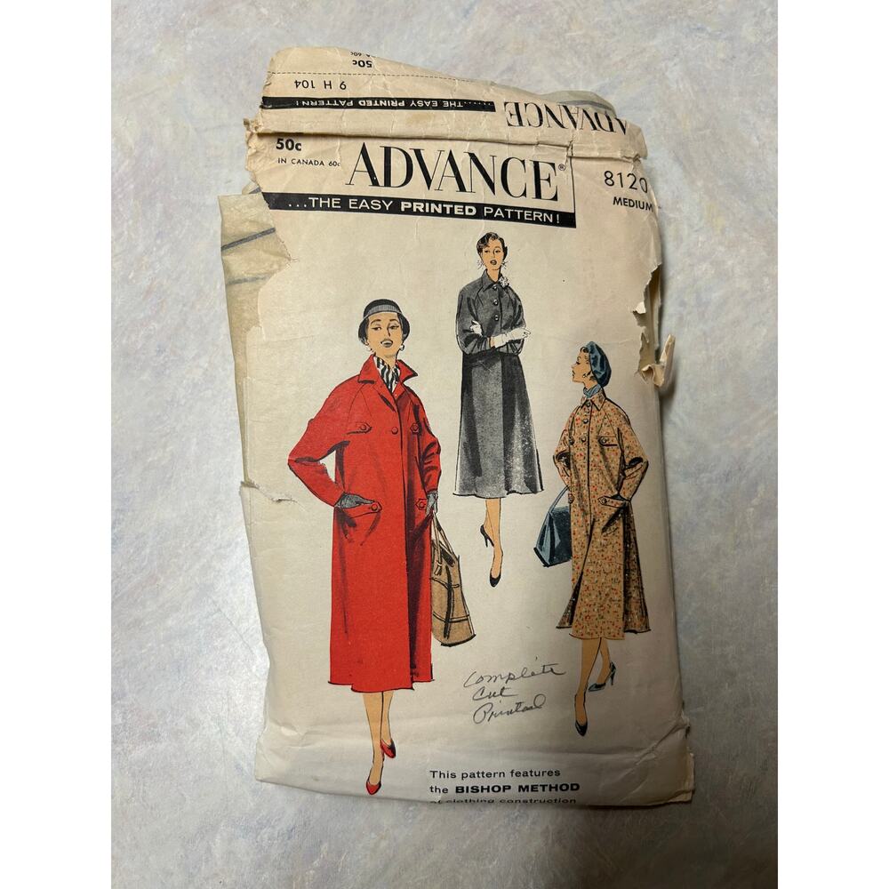 Vintage 1950's Advance Pattern #8120 Misses Coat Size Medium‎ Bust 34-36 HTF